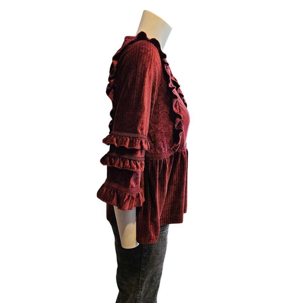 POL Ruffled Velvety Boho Eyelet Ribbed Babydoll Deep Burgundy Top Women S - Picture 3 of 7